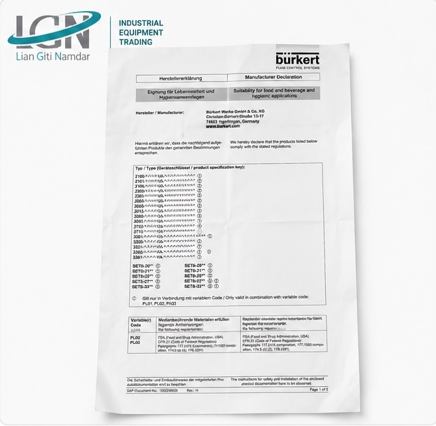 Burkert manufacturer declaration and documentation for spare parts kit 00001902